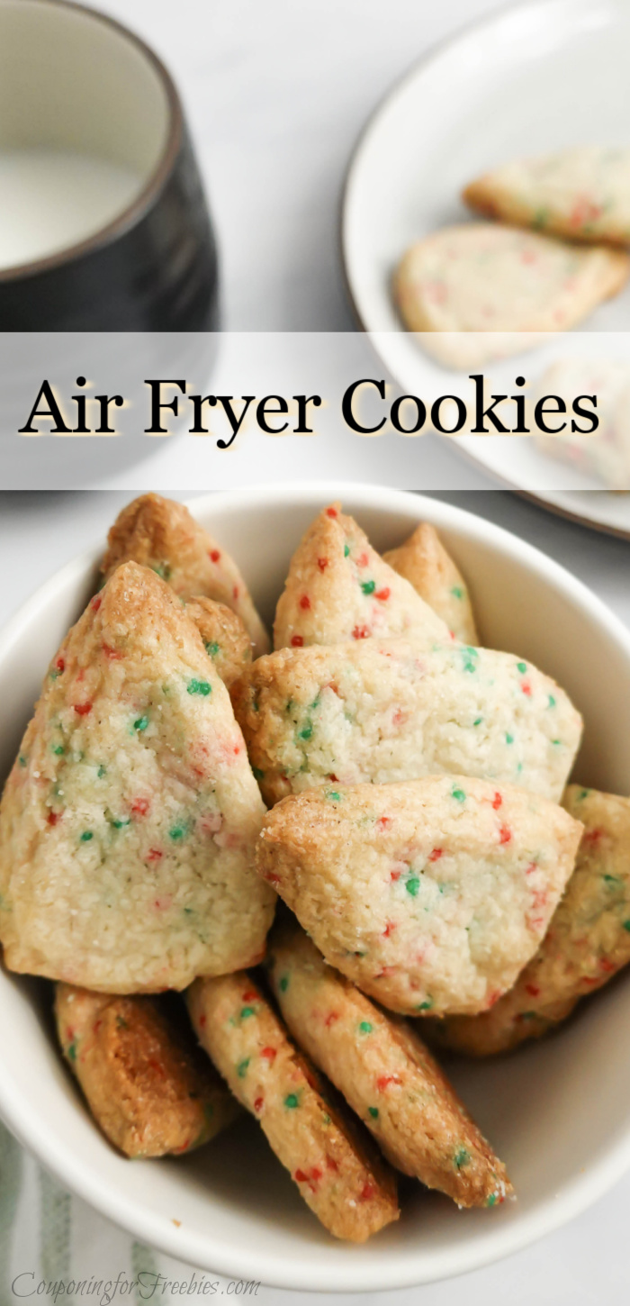 Bowl of homemade air fryer cookies with mug of milk in background. Text overlay at top that says Air Fryer Cookies