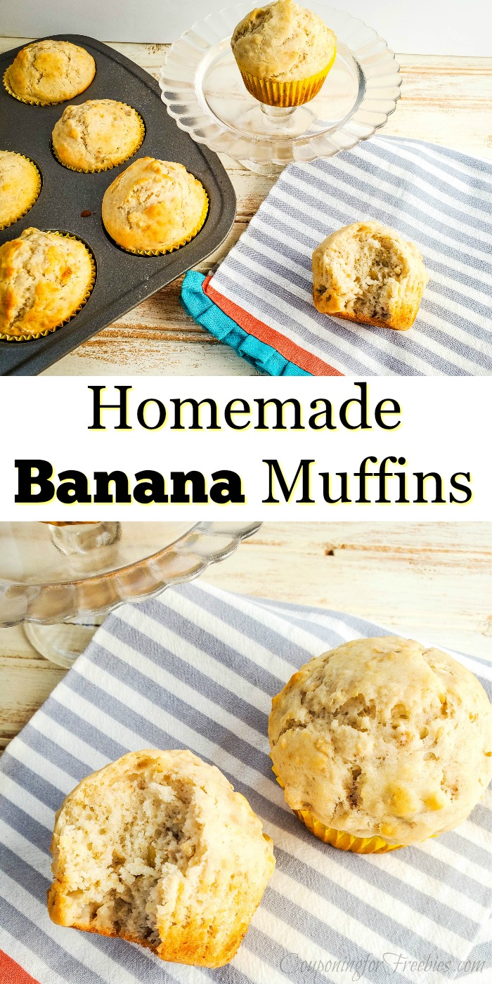 Half muffin on cloth napkin at top with pan of muffins to left side. Bottom is one whole and a half of muffin on cloth napkin. Middle is a text overlay that says "Homemade Banana Muffins"
