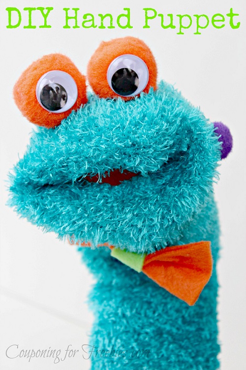 Blue fuzzy hand puppet with text overlay that says DIY Hand Puppet.