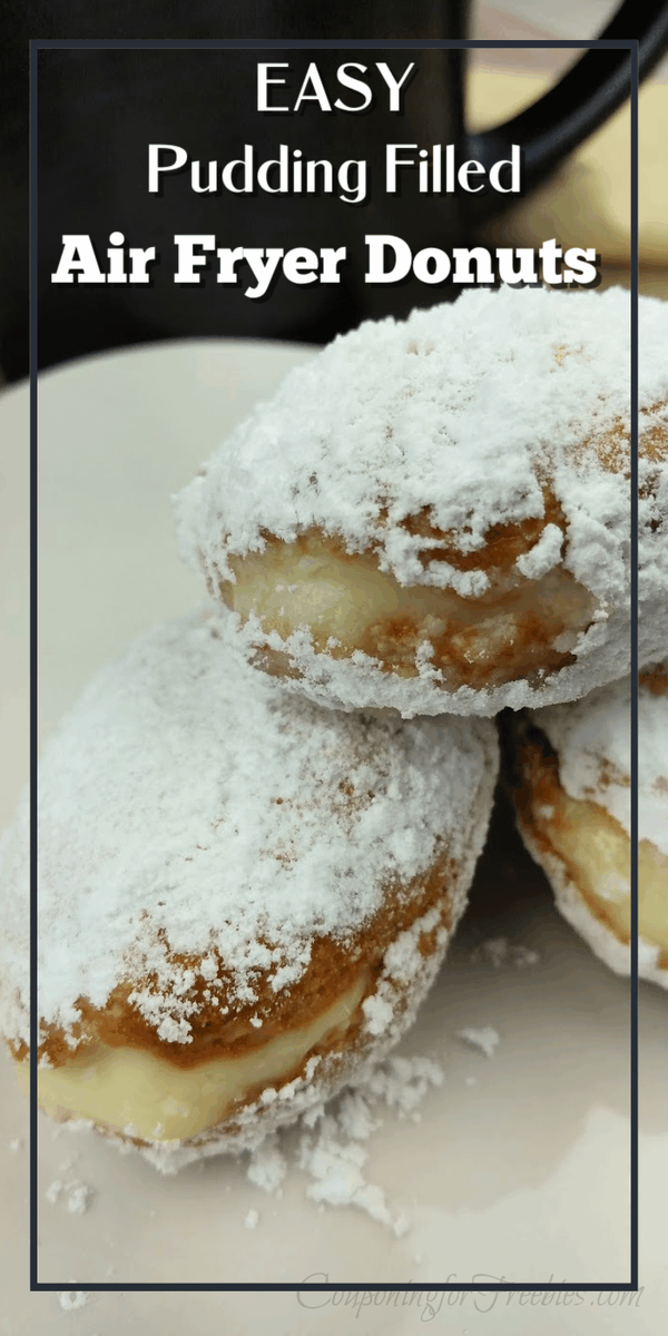 3 Pudding filled donuts coated in powdered sugar on white plate with black coffee mug in background. Text overlay at top that says Easy Pudding Filled Air Fryer Donuts
