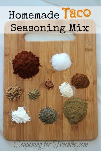 Wood cutting board with little piles of spices needed to make this seasoning. Text overlay at top that says Homemade Taco Seasoning