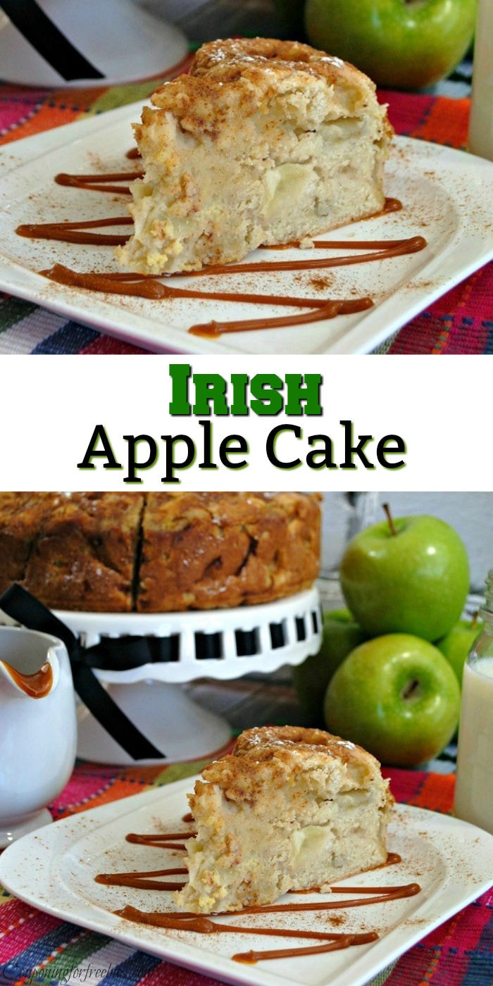 Slice of cake at top on white plate. Another slice and rest of cake at bottom. Text overlay in middle that says Irish Apple Cake.